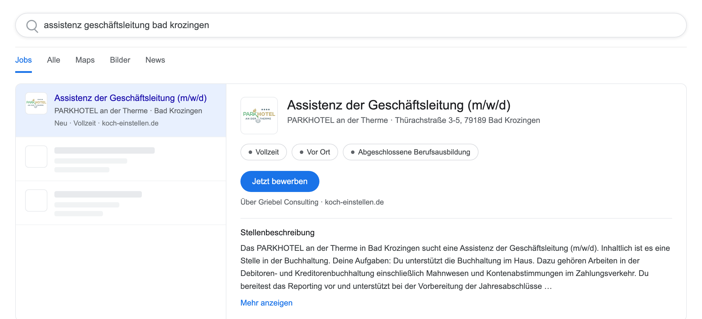 Die Stelle in der Google-Jobsuche